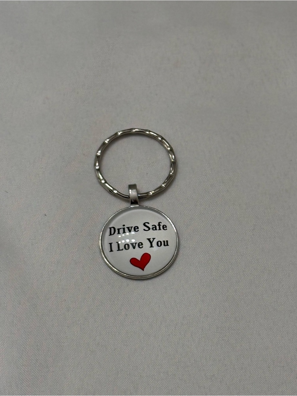 Drive Safe I Love You Silver Keychain with Red Heart